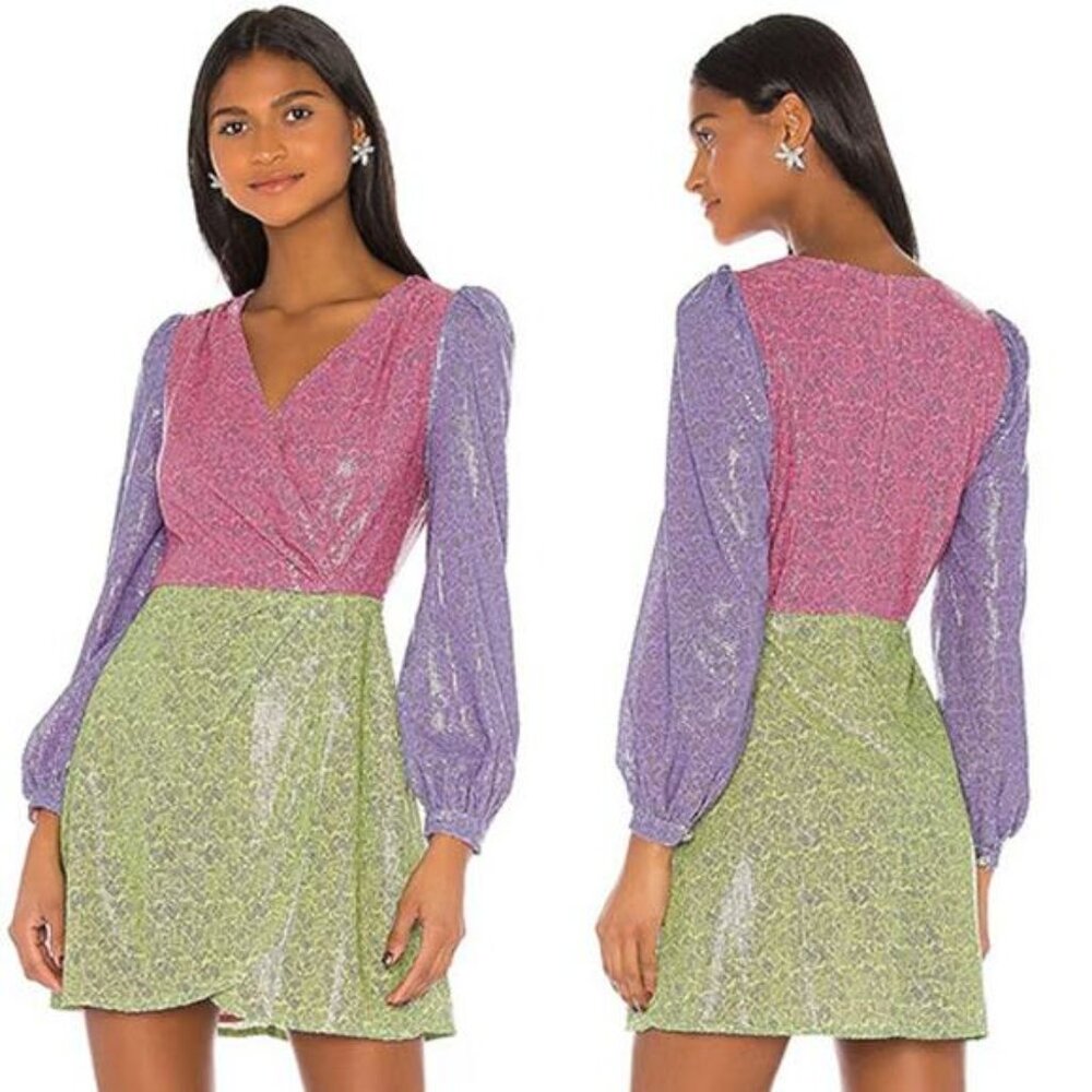 NWT Olivia Rubin Meg Surplice Sequined Long Sleeve Zip Pink/Green Mini Dress